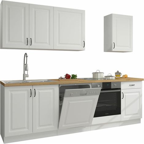 Mobilier1 – Ensemble de cuisine modulaire blanc 250x52cm – MDF stratifié – Finition élégante – Armoires avec poignées métal (1/5)