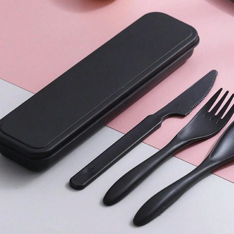 Ensemble de couverts de voyage 3 pièces avec étui de rangement, comprenant une fourchette, une cuillère et un couteau portables et réutilisables, idéal pour une utilisation en extérieur. Noir (1/3)