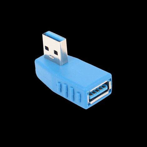 Blue 90-degree angled (right-hand) male-to-female USB 3.0 adapter for high-speed data transmission. Male-to-female USB extension connector. (1/4)