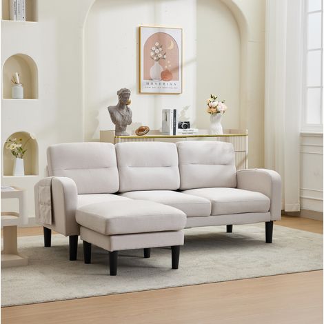 Sofá esquinero modular de 3 plazas con chaise longue y bolsillos de almacenamiento, 204x136x80 cm, tejido beige (1/5)