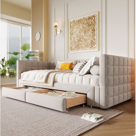 Canapé cama 90x200 cm de terciopelo beige, extensible con almacenamiento para salón FloraGrace (1/5)