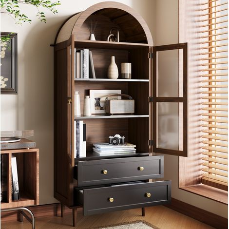 REDOM - Buffet 70x38x165cm courbe rétro MDF et verre étagères réglables Noyer (1/5)