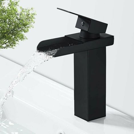 Rubinetto da bagno a cascata  nero opaco, miscelatore per lavabo in ottone con acqua calda e fredda, valvola in ceramica, design a cascata concava, G 3/8.-Crezuo