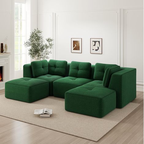Canapé d'angle modulaire 3 places vert en velours côtelé avec ottomane et assise profonde (1/5)