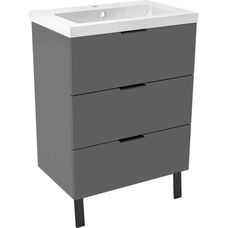 SKY 600mm Grey Bathroom Vanity with Artificial Stone Basin,3 Soft Close Drawers for Storage,Easy-Clean Surface,2 metal weight-bearing legs,flat packed