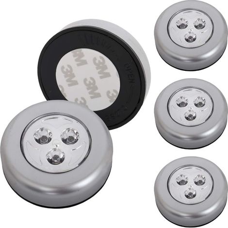 Lot de 5 spots LED autocollants - éclairage sans fil pour meubles - placards etc. - à piles - fonction on/off par pression - Ø 6.8 cm, couleur titane