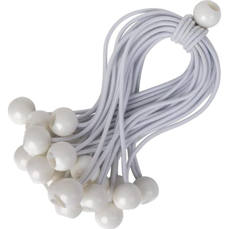 Cordons Élastiques avec Boules - Lot de 25 x 15 cm Tendeurs Universels avec Attaches - Sangle Elastique Résistant Parfaite pour le Camping, les Bagages & Bâches - Blanc (1/5)