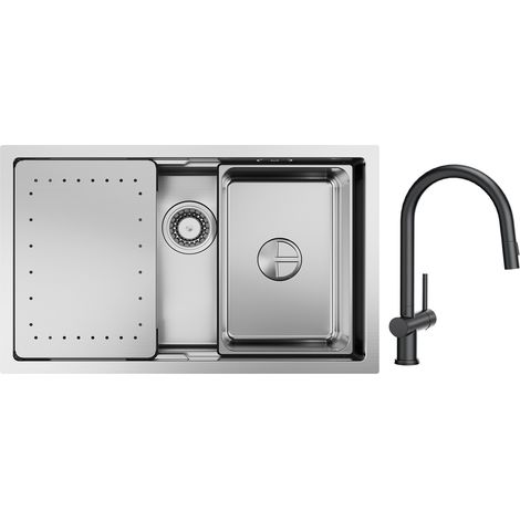 Cecipa Lavello da cucina a 1 vasca 70×44×21 cm Lavello da incasso in acciaio inox spazzolato con gocciolatoio e vasca + miscelatore da cucina nero con doccetta estraibile (1/5)