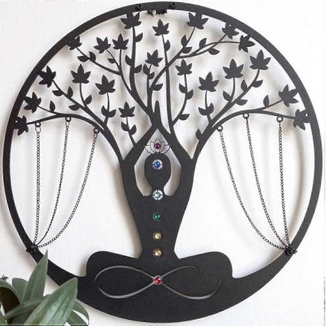 Décoration murale en métal pour la méditation, Arbre de Vie du Yoga, 7 Pierres des Chakras, Cristal brut, Symbole de méditation et de yoga, Énergie, pour une entrée ou un mur, Noir (1/5)