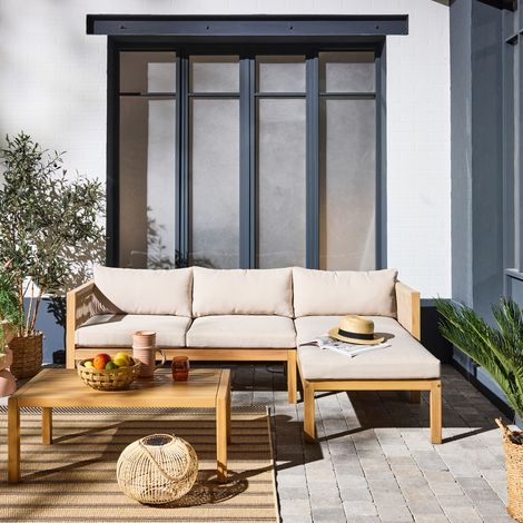 Salon de jardin d'angle bois d'acacia. corde polyester 3 places table rectangulaire Naturel / Beige (1/5)