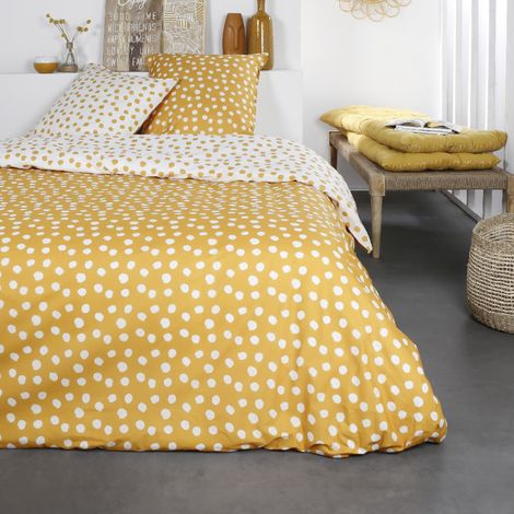 Parure de lit double réversible "Sunshine" en coton imprimé de pois - Jaune/Blanc - 240 x 260 cm - Livraison gratuite (1/2)