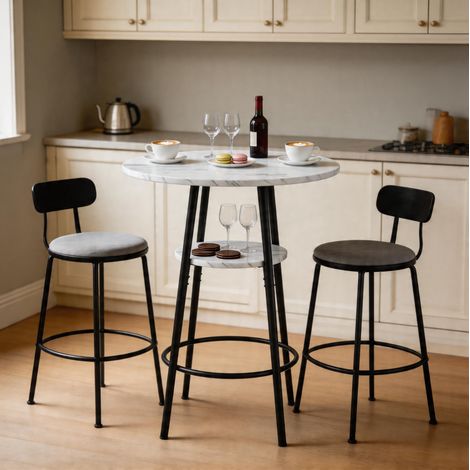 Tavolo bar con ripiano portaoggetti 60x60x89 cm, effetto marmo bianco, struttura in metallo nero, MDF bianco (1/5)