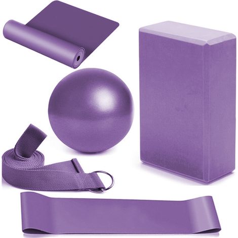 Ensemble 5 pièces accessoire fitness, ballon PVC, bloc mousse, sangle coton, élastique résistance, yoga pilates (1/5)