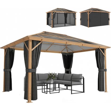 Pavillon jardin imitation bois 398x298x262 cm avec toit rigide polycarbonate étanche UV50+, abri extérieur naturel élégant (1/5)