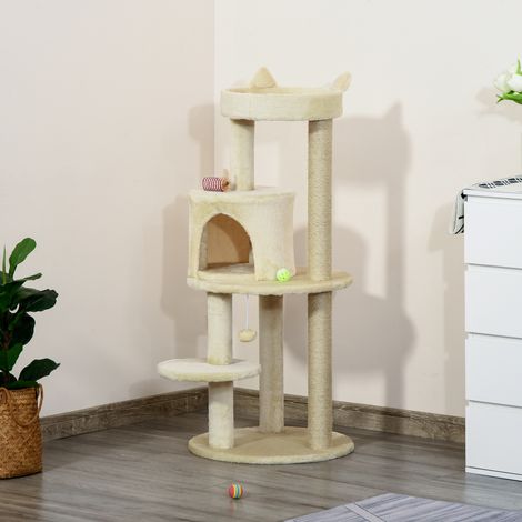 104 cm hoher Katzenkratzbaum mit Plattformen, Kratzbrettern, Sisalstämmen und Ball, 48 x 48 x 104 cm, Creme