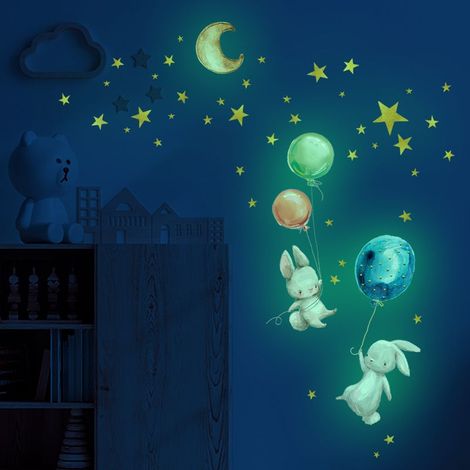 Stickers muraux fluorescents pour enfants, lune, étoiles, lapins et ballons, étoiles phosphorescentes, stickers lumineux pour plafond, décoration pour chambres de bébé et d'enfant - (1/4)