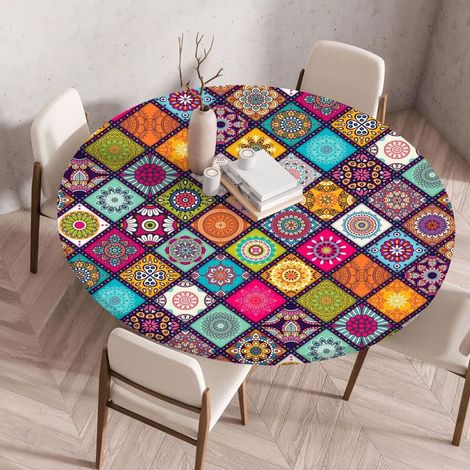 Runde Tischdecke 110 cm – Waschbare und wetterfeste Gartentischdecke mit Gummizug – Für den Außenbereich, Balkon und Garten – Tischdecke im Bohème-Stil mit Gummizug (1/5)