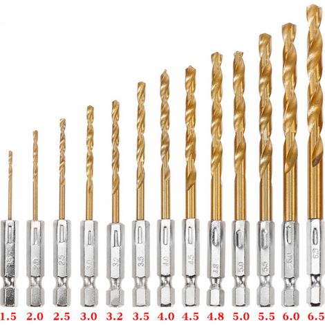 Broca helicoidal de acero rápido HSS, punta de carburo, vástago hexagonal, broca helicoidal perfecta para madera, juego de brocas de titanio plateado (1,5 mm - 6,5 mm/13 piezas)