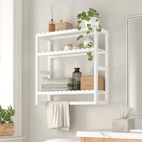 1 - Étagère Murale - Organisateur Salle de Bain - 3 Niveaux avec Tringle - Rangement Au-Dessus Toilettes - Blanc - 60x25x80cm