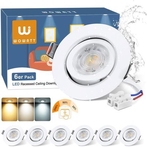 Set of 6 Recessed LED Spotlights, Dimmable with 3 Levels, Adjustable Color Temperature, 30° Adjustable Beam Angle, IP44 for Bathroom (1/5)