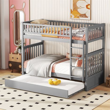 Lit superposé 90x200cm avec 1 lit gigogne 90x190cm, avec garde-corps haut escalier stable, anti-chutes, gris (1/5)