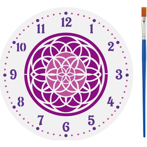 Pochoir de Cadran d'Horloge avec Pinceau 30x30cm Pochoirs de Peinture Mandala La Fleur de la Vie Pochoirs en PET Modèle Thème Horloge pour Peinture sur Bois Carrelage Mur Tissu DIY (1/5)