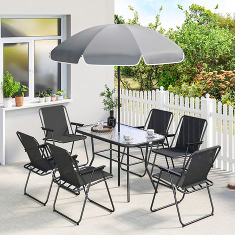 Ensemble de jardin 8 pièces avec parasol, 6 chaises pliantes et table d'extérieur en verre trempé, noir (1/5)