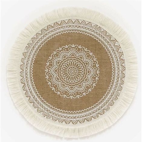 Lot de 4 sets de table ronds imprimés bohèmes – Sets de table en jute avec pompons de 38,1 cm pour décoration de table de salle à manger-LIAIKI (1/5)