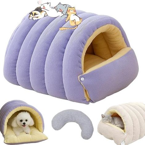 Panier pour chat KZQ - Violet - 57 x 37 x 28 cm - Design tente monstre avec tapis amovible et lavable - Intérieur doux et chaud (1/5)