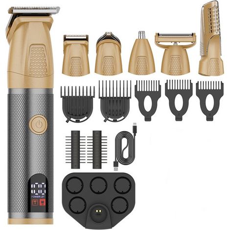 Tondeuse barbe homme 6-en-1 – Sans fil et étanche IPX6 – Écran intégré et peigne réglable – Pour barbe, corps et nez – Utilisation humide ou sèche – Doré (1/5)