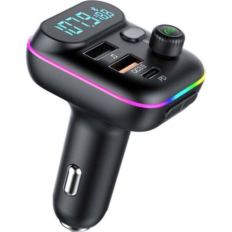 Bluetooth-FM-Transmitter fürs Auto, Bluetooth 5.0 Zigarettenanzünder-Radiosender, PD Typ C + QC3.0 Schnellladegerät, Freisprechfunktion, MP3-Player mit Bassunterstützung und USB-Anschluss – Crezuo