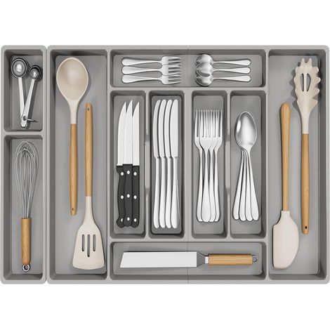 Organisateur Couverts Cuisine, 71.6 × 42 cm Rangement Couverts pour Tiroir de 80 cm, Porte-Ustensiles de Cuisine Amovible, Plastique Support Argenterie, Couteaux, Bureau Accessoires, Gris