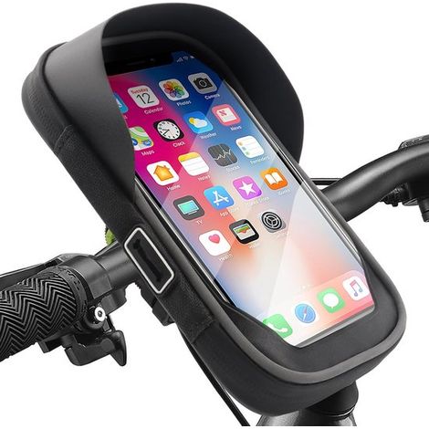 Borsa per cellulare da bicicletta da manubrio, impermeabile, con protezione da sole e pioggia, schermo touchscreen in TPU, supporto per manubrio. (1/4)