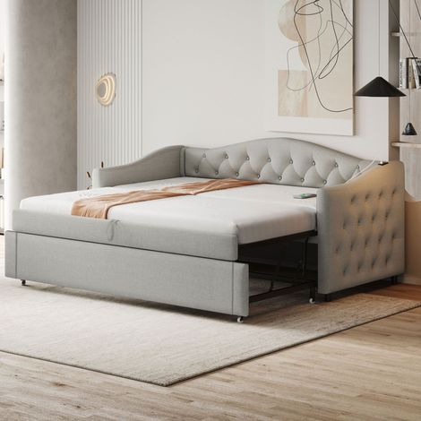 Canapé convertible 90x200 avec USB et sommier, gris HAVRYA (1/5)