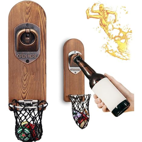 Magnétique Ouvre Bouteille Mural en Bois, Biere Vintage, Décapsuleur Original avec Cap Catcher, Accessoire Bar Exterieur (1/5)