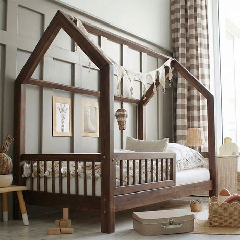 Cama cabaña 90x200 barrera y somier incluidos patas 10 cm Sofia Madera oscura (1/3)