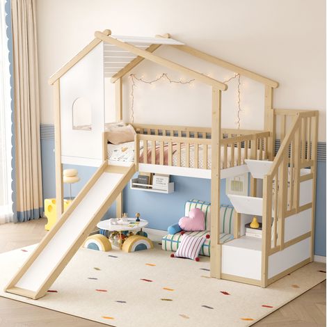 DESVIAE Lit mezzanine enfant 90 x 200 cm en bois massif naturel et blanc avec toboggan échelle de rangement fenêtre et barrières de sécurité (1/5)
