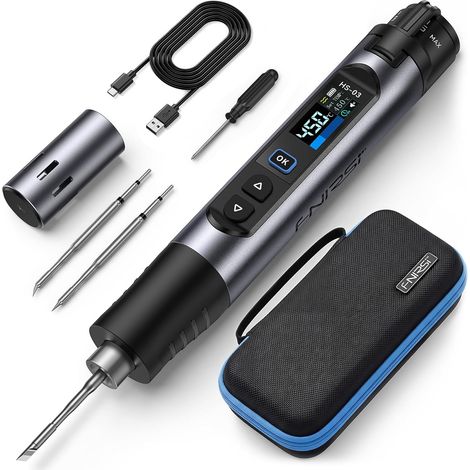 HS-03 Kit Fer à Souder Sans Fil, Fer à Souder Portable avec Batterie 2600mAh, 100–450°C, Chauffe Rapide 3s, 5 Niveaux de Température, Écran IPS 0,96", pour Électronique, DIY, PCB (1/5)