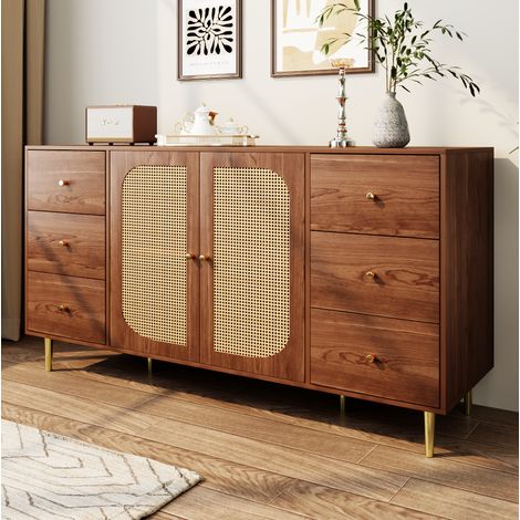 Sideboard en MDF coloris bois avec portes en rotin, 6 tiroirs, 2 portes, 160 x 40 x 90 cm (1/5)