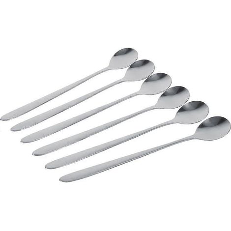 Ensemble de 6 cuillères à latte à long manche en acier inoxydable argenté, idéales pour le café, la crème glacée et les desserts. (1/4)