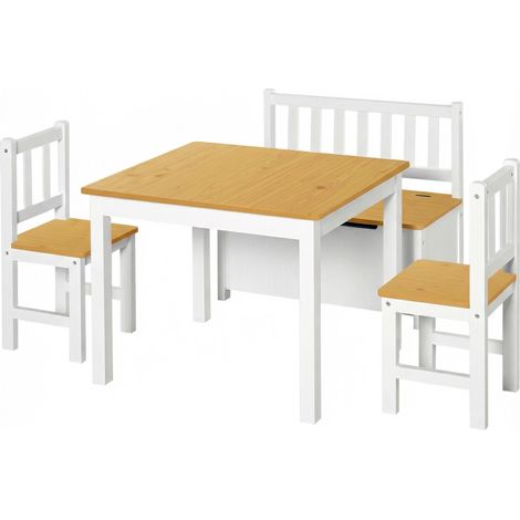 Ensemble table et chaises enfant 4 pièces blanc naturel, table + 2 chaises + banc avec rangement, idéal dès 3 ans. (147 caractères) (1/5)