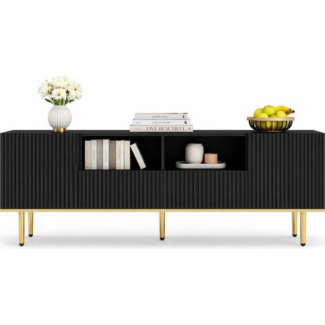 Meuble TV moderne 165 cm noir et doré, avec 2 portes, 2 tiroirs, rangements pratiques et pieds dorés élégants pour salon chic - CHICFURN (1/5)