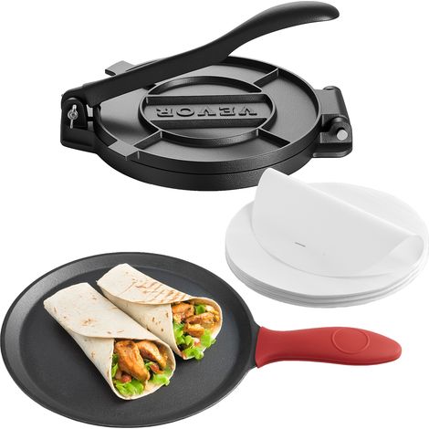 VEVOR Pressa per Tortilla Manuale da 200 mm Piastra per Pressa Piadine con Manico e 100 Fogli di Carta da Forno, Macchina per Pressa Pizza in Ghisa Grigia, Durevole e Antiruggine, Facile da Usare