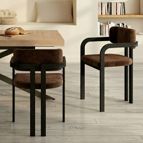 Lote de 2 sillas y sillones de comedor ESMA de metal negro y terciopelo marrón con reposabrazos