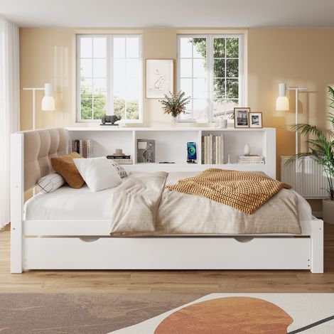 Banquette-lit gigogne 90x200 cm avec lit extensible, LED réglable et USB, étagères latérales, pin massif et MDF, Blanc (1/5)