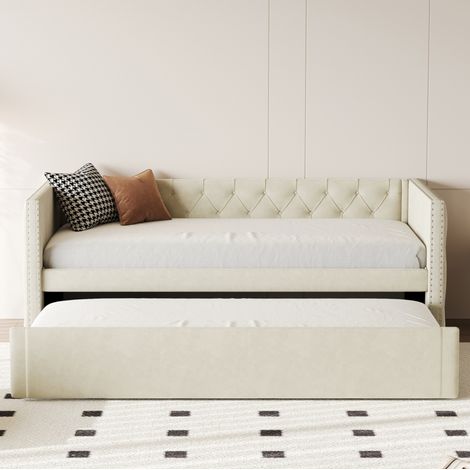 Lit capitonné 90x200 cm beige en velours avec sommier à lattes, canapé-lit multifonction (1/5)