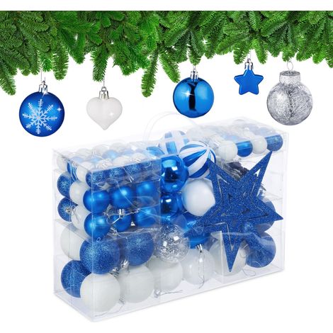 Boules de Noël, Lot de 101, en Plastique, décoration de Sapin, cœurs, étoiles et cimier, Bleu/Blanc (1/5)