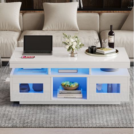Tavolino da caffè 100 x 50 x 43 cm bianco con LED RGB, presa e porta USB, contenitore, DESVIAE (1/5)