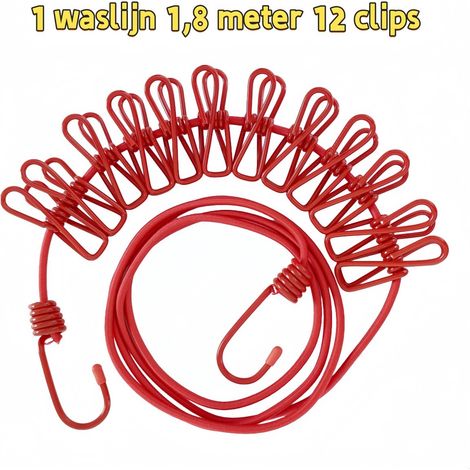 Étendoir à linge portable d'extérieur indéformable avec fixation robuste 1,8 m et 12 pinces pour sécher le linge rouge (1/5)