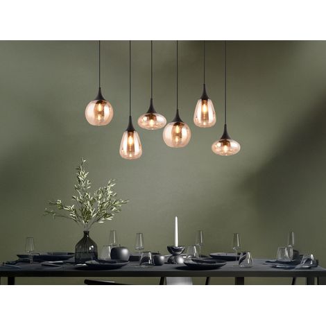 Pendelleuchte 6-flammig Glasschirme Amberfarbig mit E14 LED, Breite 94cm (1/5)